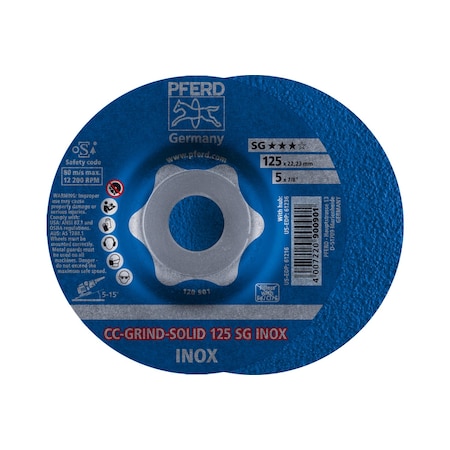 Pferd Depressed Center Grinding Wheel, Type 27, 5 in Dia, 0.125 in Thick, 7/8 in Arbor Hole Size, Ceramic 61216